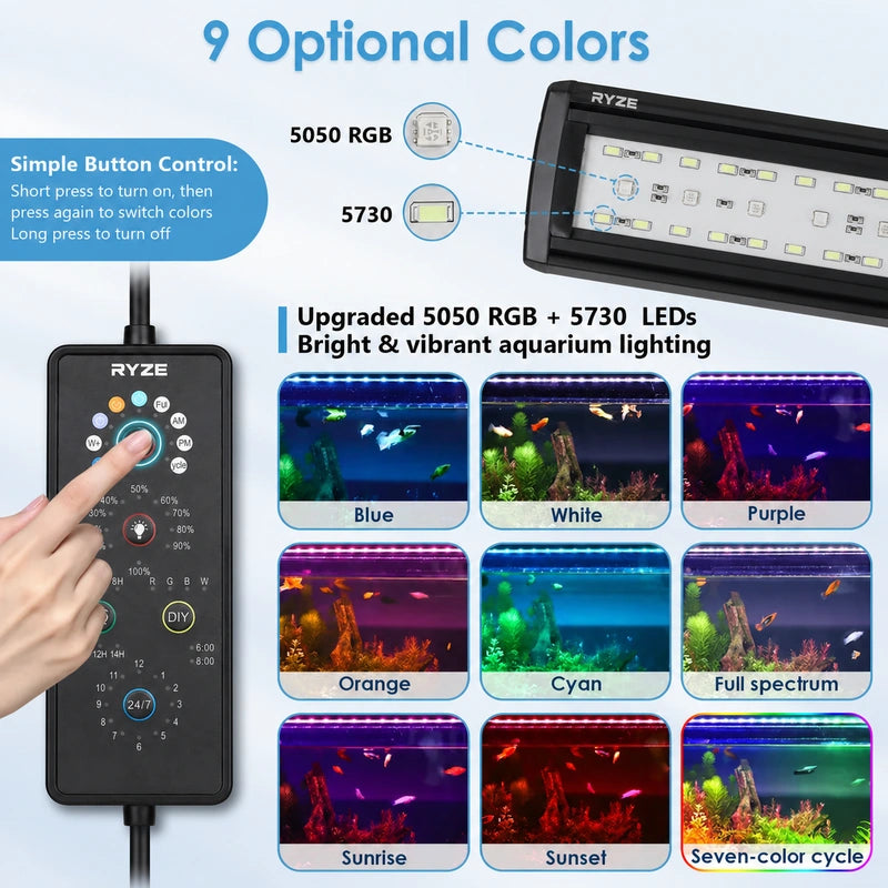Clip On Aquarium Light for Plants with 24/7 Natural Mode & DIY RGBW Mode (12W for 7.9″-11.8″ Tank)