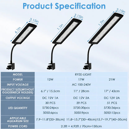 Clip On Aquarium Light for Plants with 24/7 Natural Mode & DIY RGBW Mode (12W for 7.9″-11.8″ Tank)