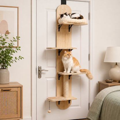 Door-Mounted Cat Climber with 4 Platforms and Plush Bed - Beige