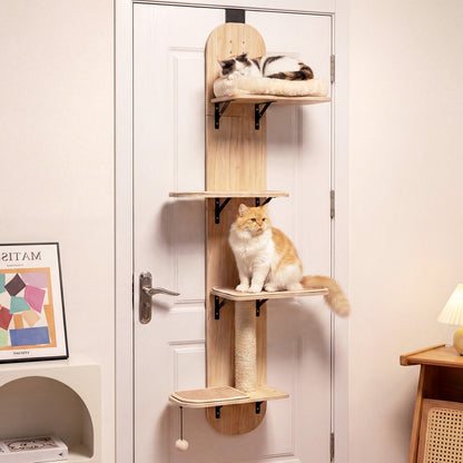 Door-Mounted Cat Climber with 4 Platforms and Plush Bed - Beige