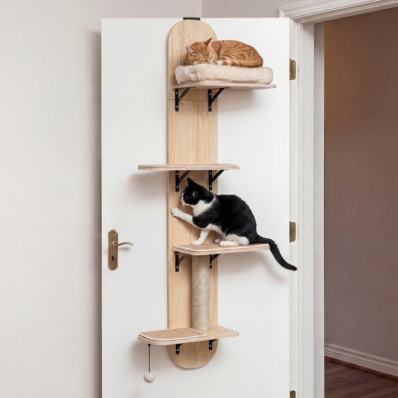 Door-Mounted Cat Climber with 4 Platforms and Plush Bed - Beige