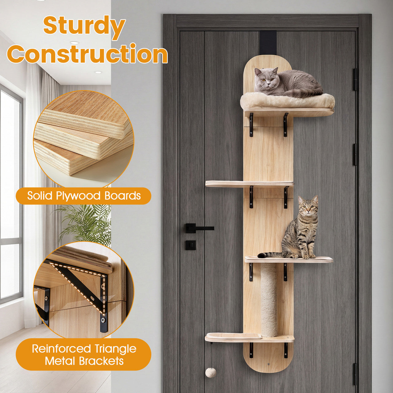 Door-Mounted Cat Climber with 4 Platforms and Plush Bed - Beige