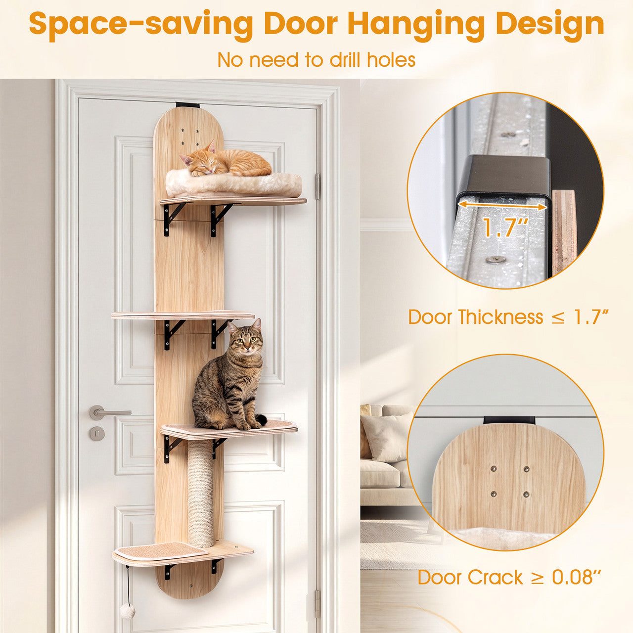 Door-Mounted Cat Climber with 4 Platforms and Plush Bed - Beige