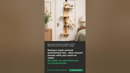 Door-Mounted Cat Climber with 4 Platforms and Plush Bed - Beige